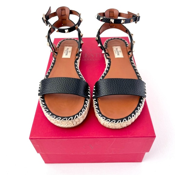 Valentino Shoes - VALENTINO GARAVANI | Black Leather Rockstud Ankle Wrap Flat Espadrille Sandals 8
